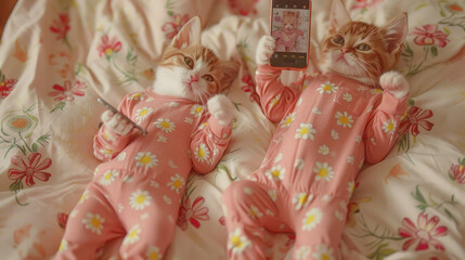 Two cats in pink pajamas are holding a cell phone. The cats are posing for a picture, and the phone is in their paws. The image has a playful and cute mood