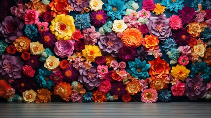 Background with multicolored flowers on a wall .