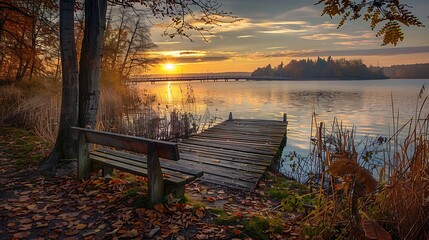 Autumnal sunset at the lake Lakeshore with a bench and wooden walkway In the background the footbridge - obrazy, fototapety, plakaty