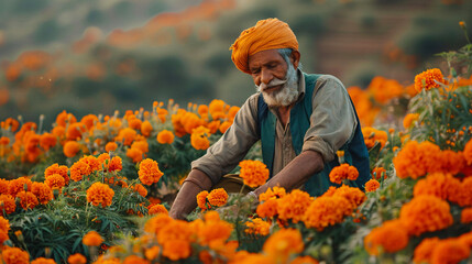 An indian farmer working in a field of orange marigold flowers.