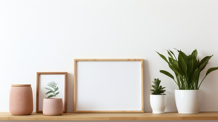 Beautiful plants in various hipster and design pots surround a brown bamboo shelf in this mock-up...