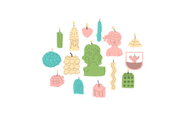 Collection of burning trendy candles. Different sizes and shapes. Can used for banner, label or poster.