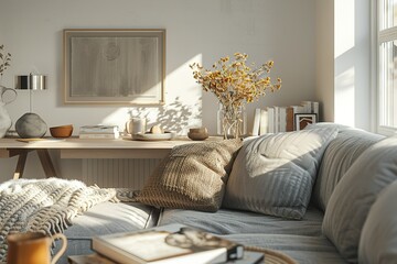 3d rendering of modern living room with grey sofa, home desk in wall with decor, personal accessories, lamp, books, dry flowers in a vase, ceramics. Pouf with a blanket. White walls. Home office.