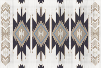 Navy blue navajo pattern on beige background.Beige arrows border pattern.Aztec pattern.Geometric shape.DIgital design.Illustration.Line.Modern.Design for rug.Blanket.Carpet.Printing.Tablecloth.Knitted - obrazy, fototapety, plakaty