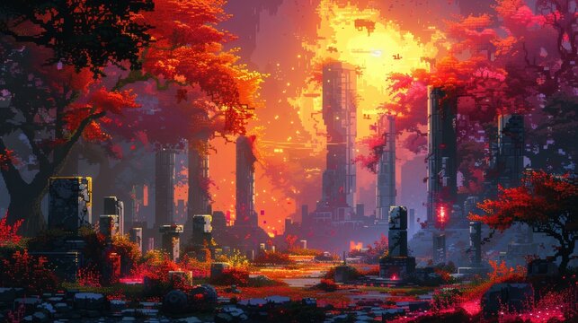 A beautiful pixel art image of a forest with red trees and ruins