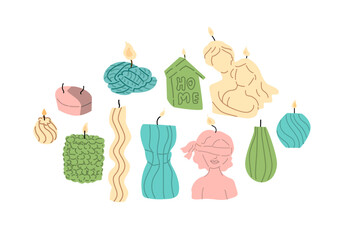Collection of burning trendy candles. Different sizes and shapes. Can used for banner, label or poster.