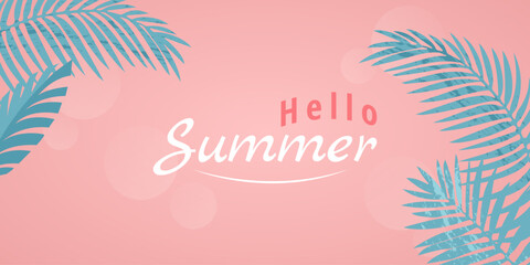 Banner for summer party, sale in trendy bright pink and blue colors with tropical leaves. Tropical background with lettering and palm leaves.