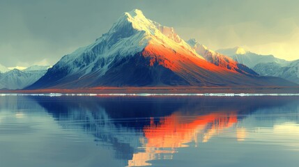 A beautiful landscape image of a snow-capped mountain reflecting in a calm lake.