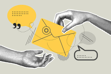 Trendy halftone hand drawn collage of business concept. Illustration of e-mail marketing, mailing list, contacts. Vector illustration of business, contract approval, finance, marketing material. - obrazy, fototapety, plakaty