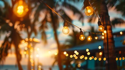 blurred light bokeh with coconut palm tree background on sunset, yellow string lights with bokeh decor in outdoor restaurant