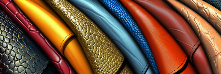 array of colorful leather textures, arranged in an elegant display, generative AI