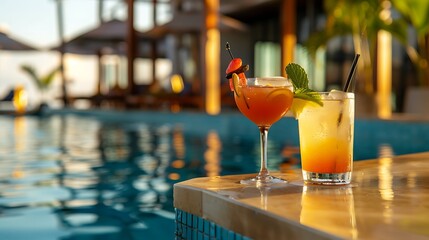 couple of cocktails in luxurious beach hotel near swimming pool