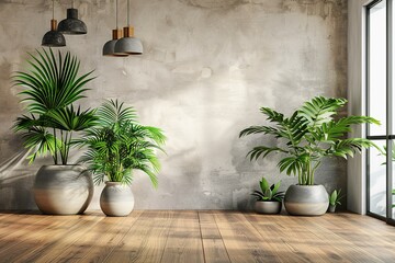 A contemporary living-room with empty wall for mockups, modern interior elements, neutral tones, and plants in modern pots