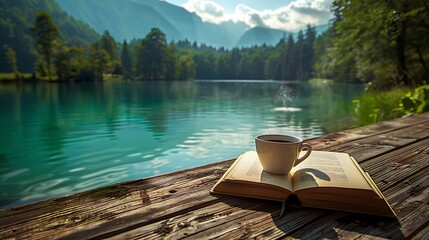 cup of coffee and book on wooden pier on summer lake - obrazy, fototapety, plakaty