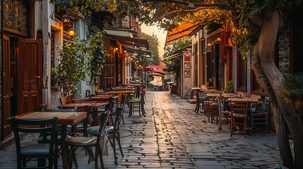 Fototapeta premium Empty tables of street cafe waiting for tourists and visitors old cozy street in one of cities