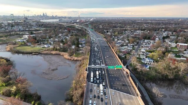 Aerial Footage of Backed Up Highway Traffic Outside Philadelphia
