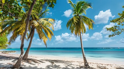 Fototapeta na wymiar exotic paradise wide beach palm trees on sunny beach