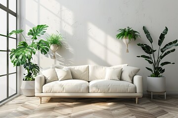 A minimalist living-room with an empty wall for mockups, a cozy sofa and plants in modern pots