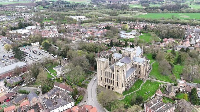 Ripon cathedral North Yorkshire UK pull back drone aerial reverse reveal