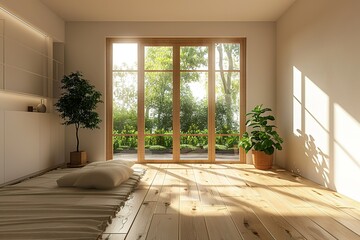 A rendered image showcasing an unoccupied living room adorned with sunlight streaming through a sliding door, showcasing a wooden floor and pristine white walls. Perfect for renovation, new house