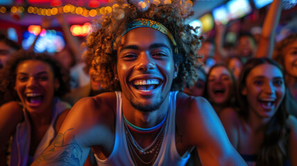 Group of young friends watching a football match on TV together and cheering for their team.