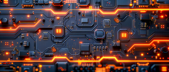 High-Tech Digital Microchip on Circuit Board, Blue Macro Closeup, Futuristic Processor and Electronics Concept