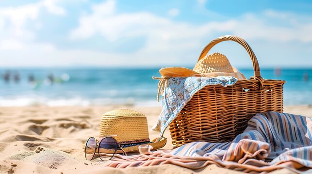 glasses picnic basket and blanket perfect for a afternoon at the beach - Powered by Adobe