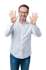 Naklejka premium Handsome middle age elegant senior business man wearing glasses over isolated background showing and pointing up with fingers number ten while smiling confident and happy.