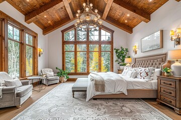 Beautiful furnished master bedroom interior in luxury home . Features vaulted ceiling with wood beams and chandelier.