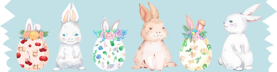 Cute bunny washi tape on transparent background.