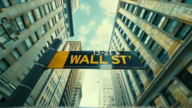 WALL STREET ANIMATION Spelled AND Written Street Sign in the Middle of Manhattan, New York, with a Large Building Background.