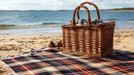 wicker picnic basket on a tartan rug laid out on a sandy beach