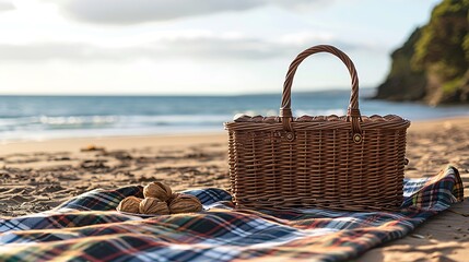 wicker picnic basket on a tartan rug laid out on a sandy beach