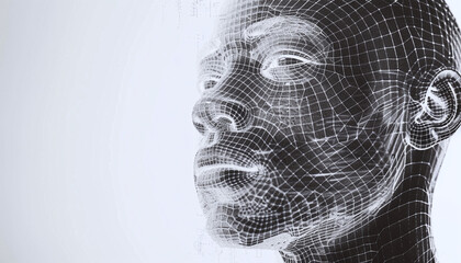 black and white portrait of a persons face wrapped in a geometric mesh, representing identity theft and biometrics used in cyber security, with copy space