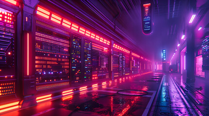 High-Tech Server Room, Computing and Information Technology Infrastructure, Futuristic Blue Light Concept