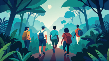 A group of friends trek through a dense rainforest their backpacks harnessed tightly while they navigate through a thick tangle of trees and - obrazy, fototapety, plakaty