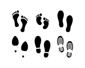 Collection human footprints vector. Boot sole, bare feet, baby footprint, high heel.