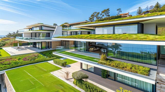 Eco-friendly house with green rooftop. A home that integrates seamlessly with the environment, its green rooftop is a testament to eco-conscious living.