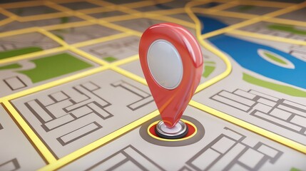 Positioned precisely, the red GPS marker acts as a guiding star on the map. Its vibrant hue makes it impossible to miss, ensuring that users can navigate towards their intended destination. - obrazy, fototapety, plakaty