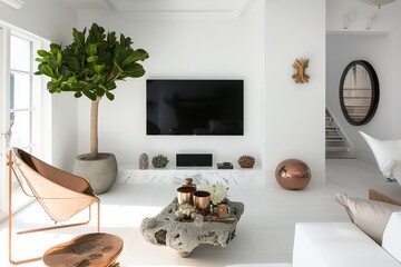 Modern living room There is a simple, elegant TV mounted on a white wall. Surrounded by tasteful decorations including frames