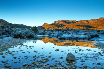 Cradle Mountain from Ronny Creek at sunrise during a frost with an Alpine Glow on Cradle Mountain, Cradle Mountain National Park, Tasmania, Australia