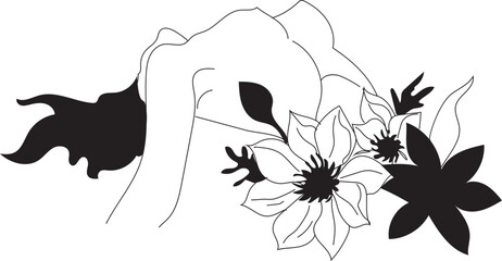 Hand drawn woman with flower illustration on transparent background.
