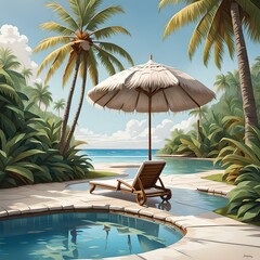 Tropical coconut pool with umbrella at edge, 3D Web Vector Illustrations