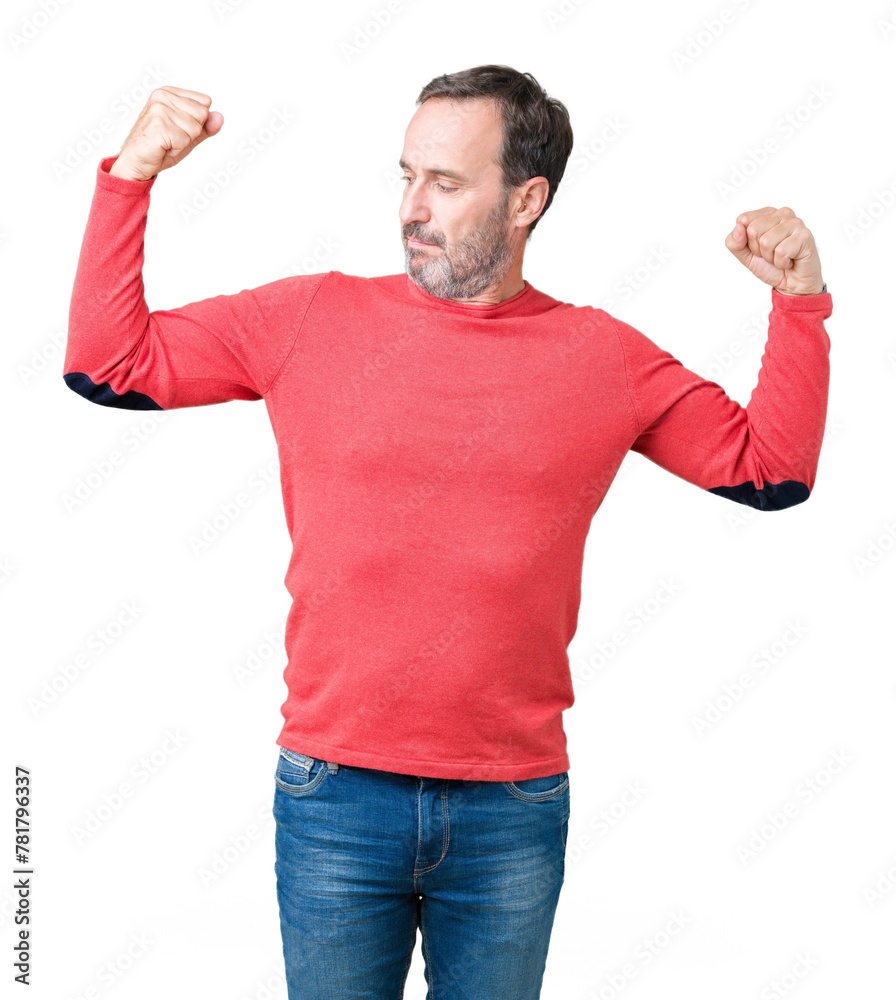 Sticker Handsome middle age hoary senior man wearing winter sweater over isolated background showing arms muscles smiling proud. Fitness concept.