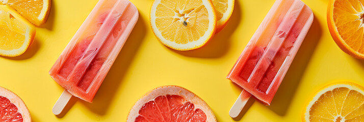 colorful frozen popsicles with grapefruit and orange slices on a yellow background, generative AI