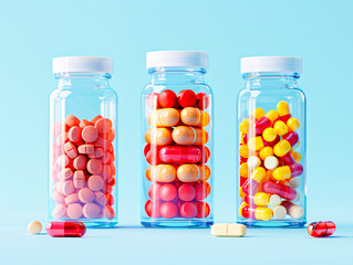 Colorful Assorted Pills in Clear Jars on Blue.