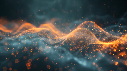 Wave of bright particles, 3d rendering of abstract technology background with connecting dots and...