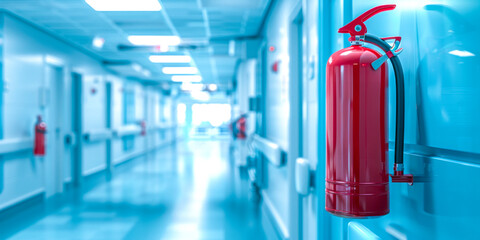 Red Fire Extinguisher Mounted in Hospital Corridor.