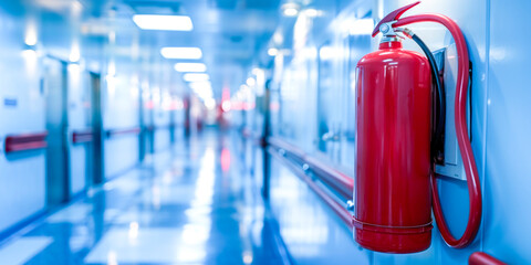 Red Fire Extinguisher Mounted in Hospital Corridor.