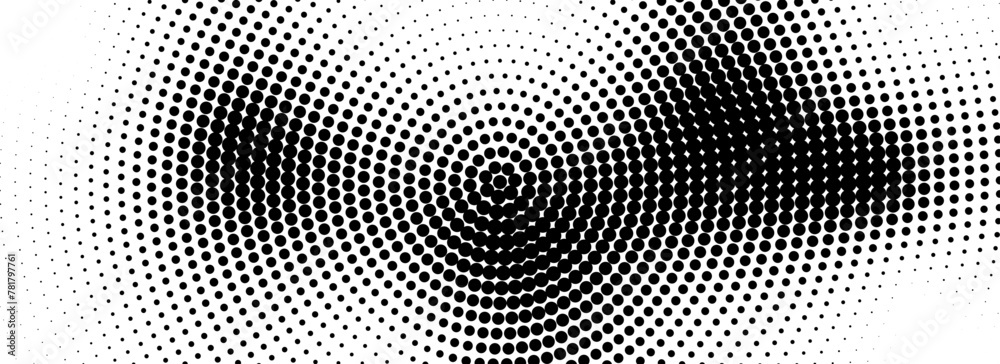 Poster radial halftone grunge fading texture. vanishing dotted circle line background. pixel pop art gradie